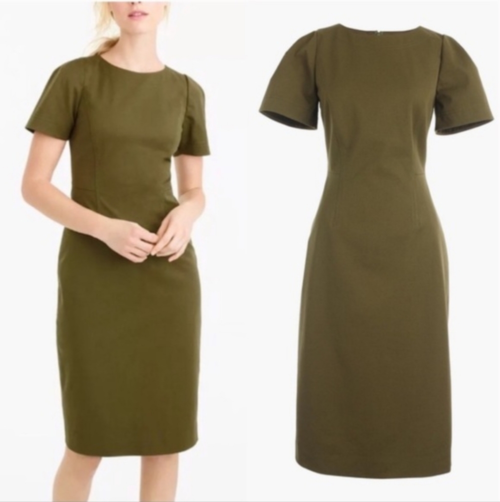 JCREW BI-STRETCH COTTON GATHERED SLEEVE SHEATH DRESS 2 Tall  Olive Green